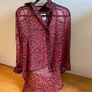 High Low Red Leopard Print Cutout Sheer Blouse